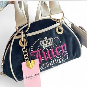 Juicy Couture Heritage Satchel Black and Cream Suede, Embellished Shoulder Bago